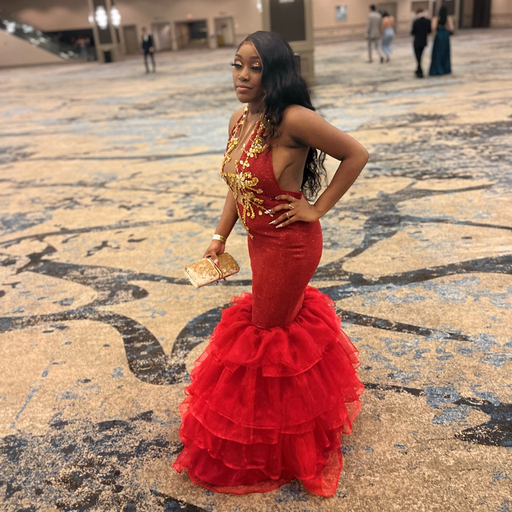 knee length dresses for ladies Mermaid Red Velvet with Gold Beaded Prom Dresses with Slit ARD3181 –  SheerGirl